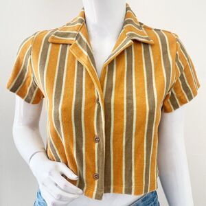 Wyllis Edie Terrycloth Cropped Short Sleeve Button Down in Cabana Stripe Revolve